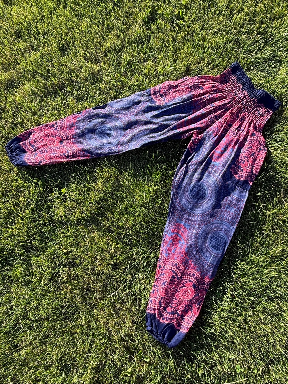 Happy Trunks Pink and Navy Mandala Smocked Waist Harem Pants | Women’s S